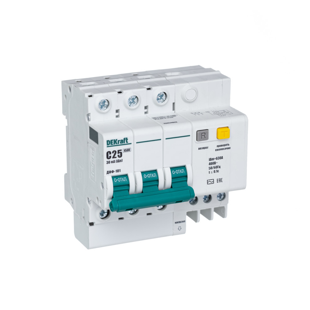 Дифференциальный автоматический выключатель АВДТ 3Р 20А 30мА тип AC х-ка C ДИФ-101 4,5кА DEKraft 15053DEK Дифференциальный автоматический выключатель АВДТ 3Р 20А 30мА тип AC х-ка C ДИФ-101 4,5кА DEKraft 15053DEK