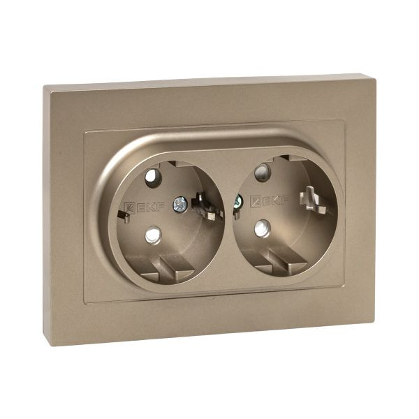 Механизм розетки двойной, 16А, с заземлением, со шторками, с рамкой, шампань Эпика EKF Механизм розетки двойной, 16А, с заземлением, со шторками, с рамкой, шампань Эпика EKF