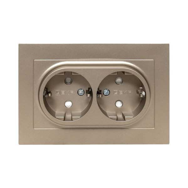 Механизм розетки двойной, 16А, с заземлением, со шторками, с рамкой, шампань Эпика EKF Механизм розетки двойной, 16А, с заземлением, со шторками, с рамкой, шампань Эпика EKF