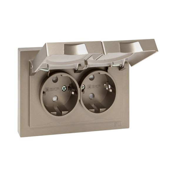Механизм розетки двойной, 16А, IP44, с заземлением, со шторками, с рамкой, с крышками, шампань Эпика EKF Механизм розетки двойной, 16А, IP44, с заземлением, со шторками, с рамкой, с крышками, шампань Эпика EKF