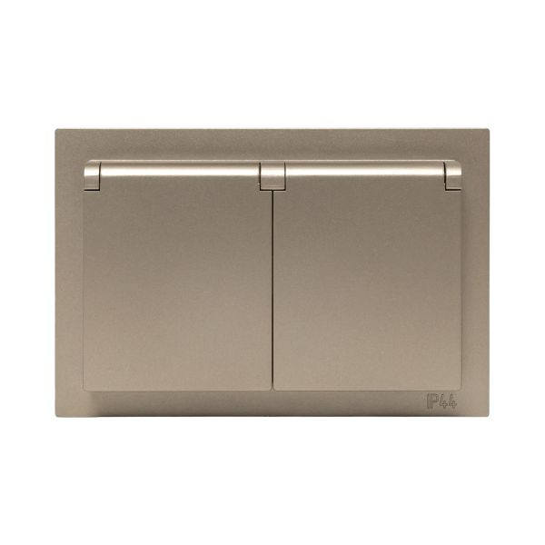 Механизм розетки двойной, 16А, IP44, с заземлением, со шторками, с рамкой, с крышками, шампань Эпика EKF Механизм розетки двойной, 16А, IP44, с заземлением, со шторками, с рамкой, с крышками, шампань Эпика EKF