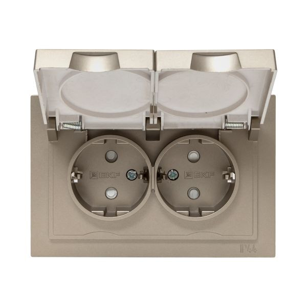 Механизм розетки двойной, 16А, IP44, с заземлением, со шторками, с рамкой, с крышками, шампань Эпика EKF Механизм розетки двойной, 16А, IP44, с заземлением, со шторками, с рамкой, с крышками, шампань Эпика EKF