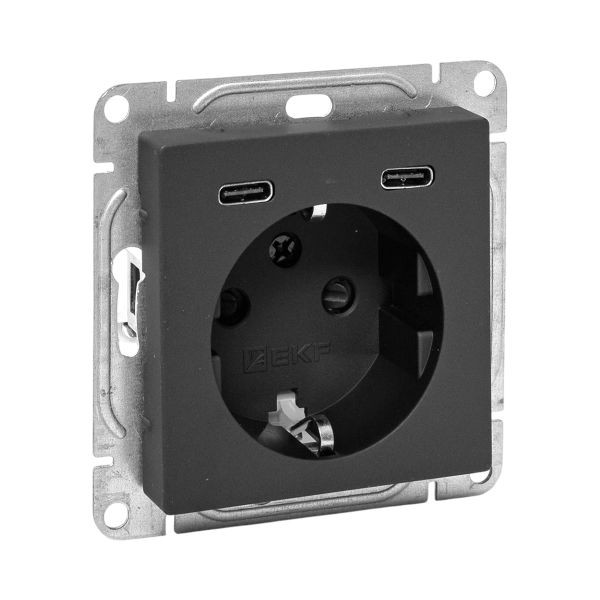 Механизм розетки с USB-C - 2шт, 16А, с заземлением, со шторками, чёрный Эпика EKF Механизм розетки с USB-C - 2шт, 16А, с заземлением, со шторками, чёрный Эпика EKF
