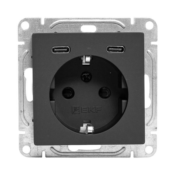 Механизм розетки с USB-C - 2шт, 16А, с заземлением, со шторками, чёрный Эпика EKF Механизм розетки с USB-C - 2шт, 16А, с заземлением, со шторками, чёрный Эпика EKF