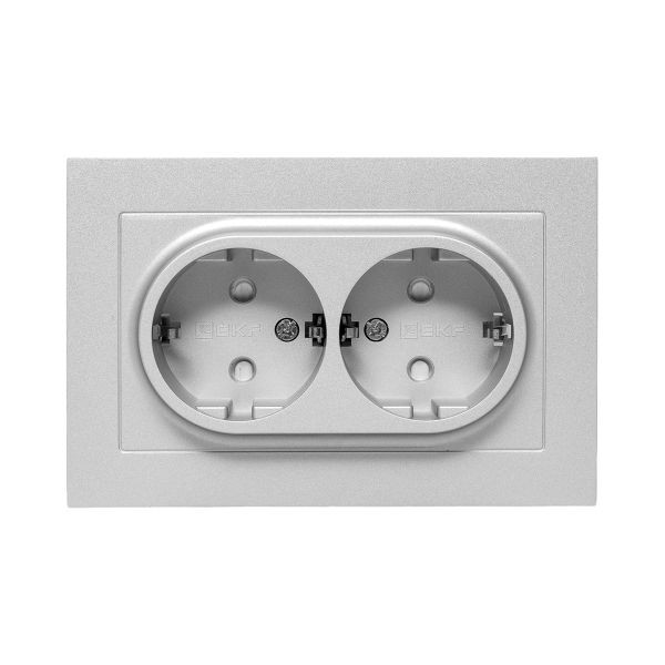 Механизм розетки двойной, 16А, с заземлением, со шторками, с рамкой, алюминий Эпика EKF Механизм розетки двойной, 16А, с заземлением, со шторками, с рамкой, алюминий Эпика EKF