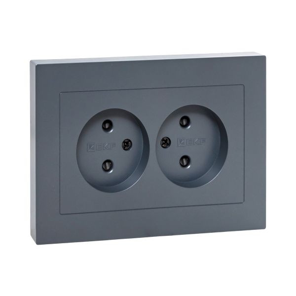 Механизм розетки двойной, 16А, без заземления, со шторками, с рамкой, графит Эпика EKF Механизм розетки двойной, 16А, без заземления, со шторками, с рамкой, графит Эпика EKF