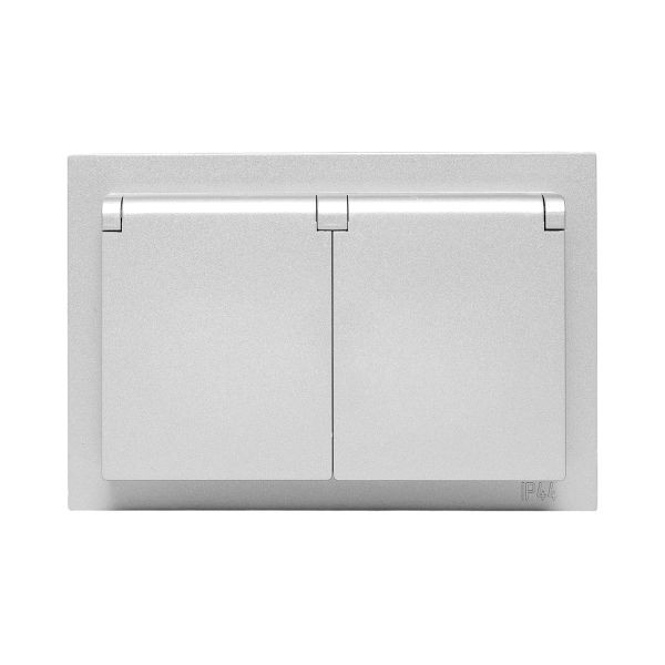 Механизм розетки двойной, 16А, IP44, с заземлением, со шторками, с рамкой, с крышками, алюминий Эпика EKF Механизм розетки двойной, 16А, IP44, с заземлением, со шторками, с рамкой, с крышками, алюминий Эпика EKF