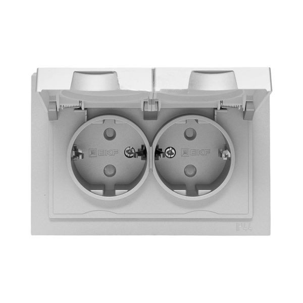 Механизм розетки двойной, 16А, IP44, с заземлением, со шторками, с рамкой, с крышками, алюминий Эпика EKF Механизм розетки двойной, 16А, IP44, с заземлением, со шторками, с рамкой, с крышками, алюминий Эпика EKF