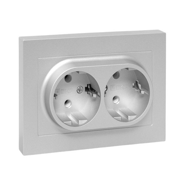 Механизм розетки двойной, 16А, с заземлением, без шторок, с рамкой, алюминий Эпика EKF Механизм розетки двойной, 16А, с заземлением, без шторок, с рамкой, алюминий Эпика EKF