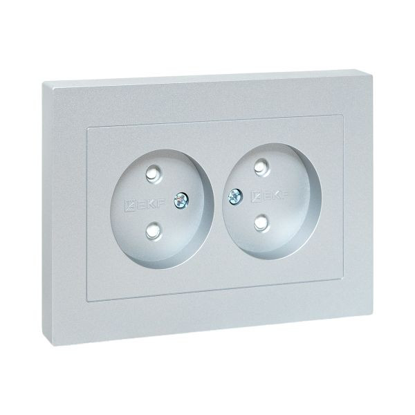 Механизм розетки двойной, 16А, без заземления, со шторками, с рамкой, алюминий Эпика EKF Механизм розетки двойной, 16А, без заземления, со шторками, с рамкой, алюминий Эпика EKF