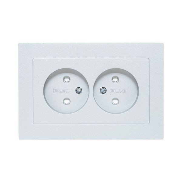 Механизм розетки двойной, 16А, без заземления, со шторками, с рамкой, алюминий Эпика EKF Механизм розетки двойной, 16А, без заземления, со шторками, с рамкой, алюминий Эпика EKF