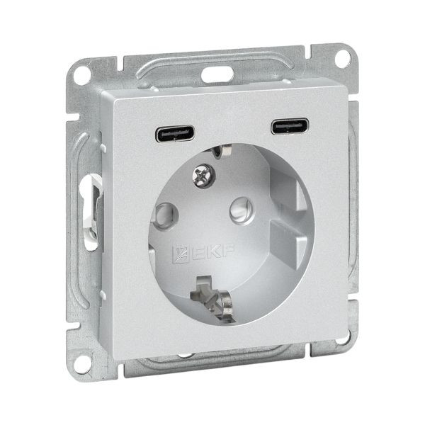 Механизм розетки с USB-C - 2шт, 16А, с заземлением, со шторками, алюминий Эпика EKF Механизм розетки с USB-C - 2шт, 16А, с заземлением, со шторками, алюминий Эпика EKF