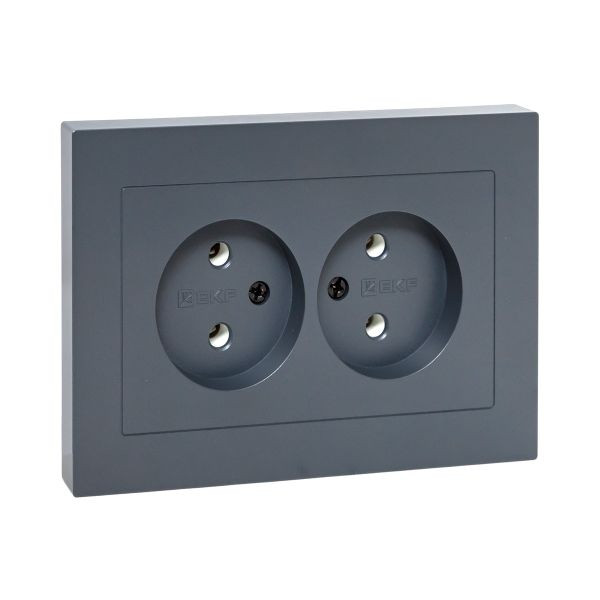 Механизм розетки двойной, 16А, без заземления, без шторок, с рамкой, графит Эпика EKF Механизм розетки двойной, 16А, без заземления, без шторок, с рамкой, графит Эпика EKF