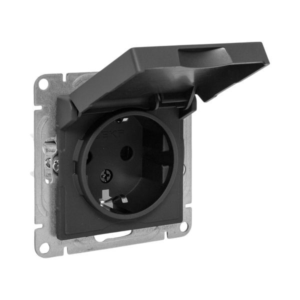 Механизм розетки, 16А, IP44, с заземлением, со шторками, c крышкой, чёрный Эпика EKF Механизм розетки, 16А, IP44, с заземлением, со шторками, c крышкой, чёрный Эпика EKF