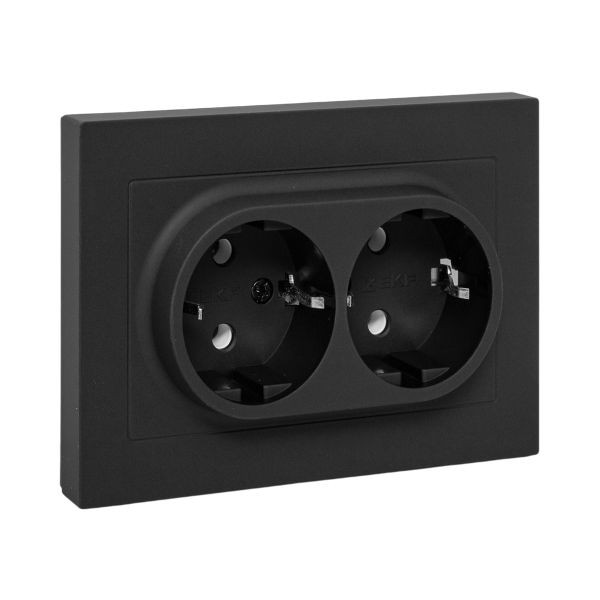 Механизм розетки двойной, 16А, с заземлением, без шторок, с рамкой, чёрный Эпика EKF Механизм розетки двойной, 16А, с заземлением, без шторок, с рамкой, чёрный Эпика EKF