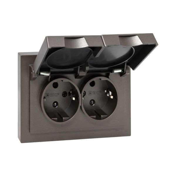 Механизм розетки двойной, 16А, IP44, с заземлением, со шторками, с рамкой, с крышками, мокко Эпика EKF Механизм розетки двойной, 16А, IP44, с заземлением, со шторками, с рамкой, с крышками, мокко Эпика EKF