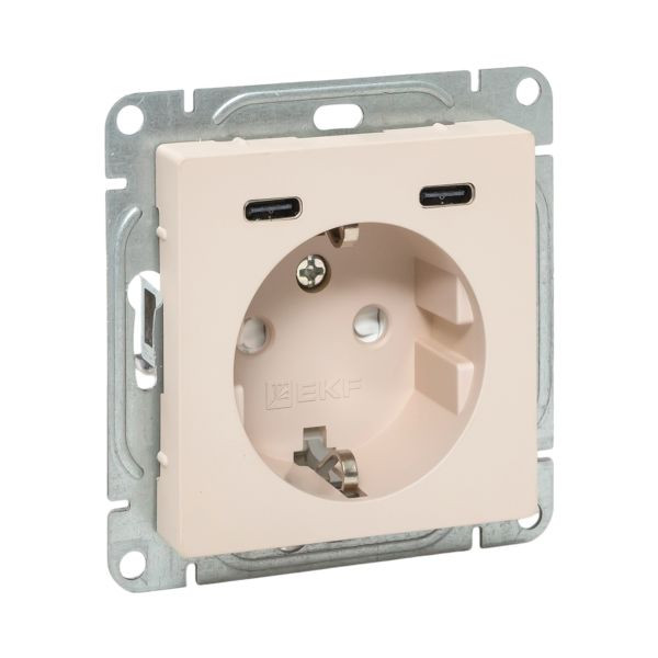 Механизм розетки с USB-C - 2шт, 16А, с заземлением, со шторками, кремовый Эпика EKF Механизм розетки с USB-C - 2шт, 16А, с заземлением, со шторками, кремовый Эпика EKF