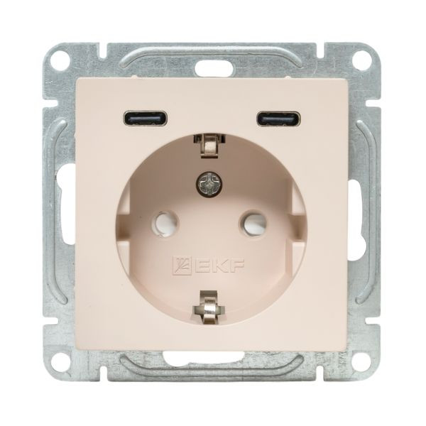 Механизм розетки с USB-C - 2шт, 16А, с заземлением, со шторками, кремовый Эпика EKF Механизм розетки с USB-C - 2шт, 16А, с заземлением, со шторками, кремовый Эпика EKF