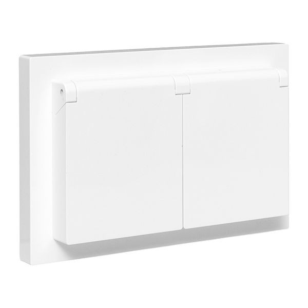 Механизм розетки двойной, 16А, IP44, с заземлением, со шторками, с рамкой, с крышками, белый Эпика EKF Механизм розетки двойной, 16А, IP44, с заземлением, со шторками, с рамкой, с крышками, белый Эпика EKF