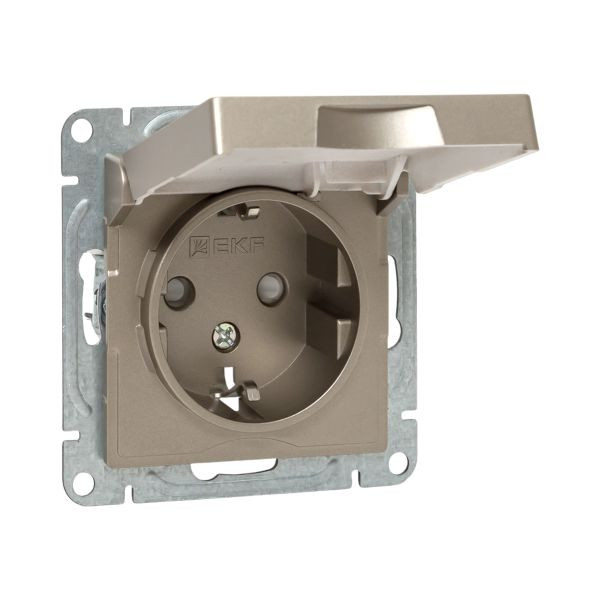 Механизм розетки, 16А, IP44, с заземлением, со шторками, c крышкой, шампань Эпика EKF Механизм розетки, 16А, IP44, с заземлением, со шторками, c крышкой, шампань Эпика EKF