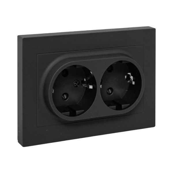 Механизм розетки двойной, 16А, с заземлением, со шторками, с рамкой, чёрный Эпика EKF Механизм розетки двойной, 16А, с заземлением, со шторками, с рамкой, чёрный Эпика EKF