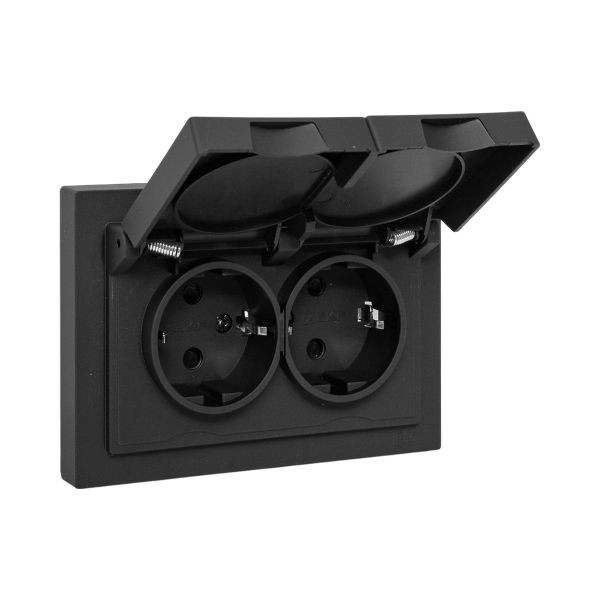 Механизм розетки двойной, 16А, IP44, с заземлением, со шторками, с рамкой, с крышками, чёрный Эпика EKF Механизм розетки двойной, 16А, IP44, с заземлением, со шторками, с рамкой, с крышками, чёрный Эпика EKF