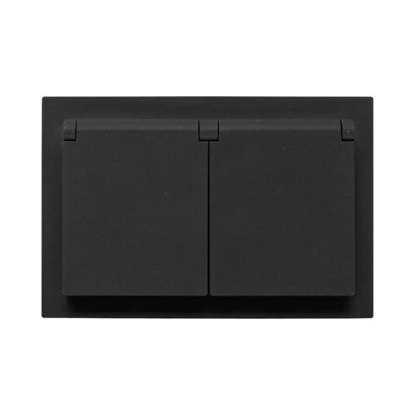 Механизм розетки двойной, 16А, IP44, с заземлением, со шторками, с рамкой, с крышками, чёрный Эпика EKF Механизм розетки двойной, 16А, IP44, с заземлением, со шторками, с рамкой, с крышками, чёрный Эпика EKF