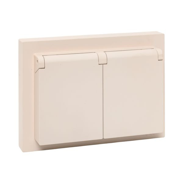 Механизм розетки двойной, 16А, IP44, с заземлением, со шторками, с рамкой, с крышками, кремовый Эпика EKF Механизм розетки двойной, 16А, IP44, с заземлением, со шторками, с рамкой, с крышками, кремовый Эпика EKF