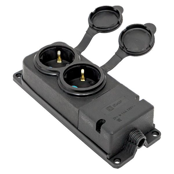 Роз, (колодка) двухмест, с защит, крышками каучуковая 230В 2P+PE 16A IP44 EKF PRO Роз, (колодка) двухмест, с защит, крышками каучуковая 230В 2P+PE 16A IP44 EKF PRO
