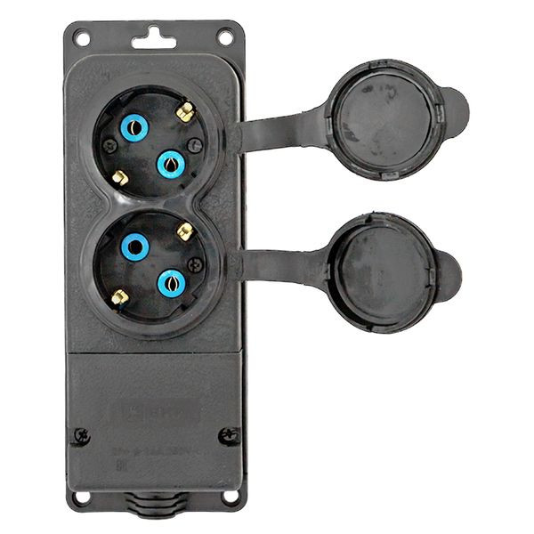 Роз, (колодка) двухмест, с защит, крышками каучуковая 230В 2P+PE 16A IP44 EKF PRO Роз, (колодка) двухмест, с защит, крышками каучуковая 230В 2P+PE 16A IP44 EKF PRO