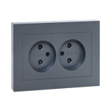Механизм розетки двойной, 16А, без заземления, со шторками, с рамкой, графит Эпика EKF