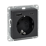 Механизм розетки с USB-A+С - 2шт, 16А, с заземлением, со шторками, чёрный Эпика EKF